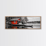 Lakeside Cabin Red, Boat House Retreat, Serene Waterfront, Autumn Color Pop, Canvas Print, Cozy Living Room Wall Art, Nature Home Decor