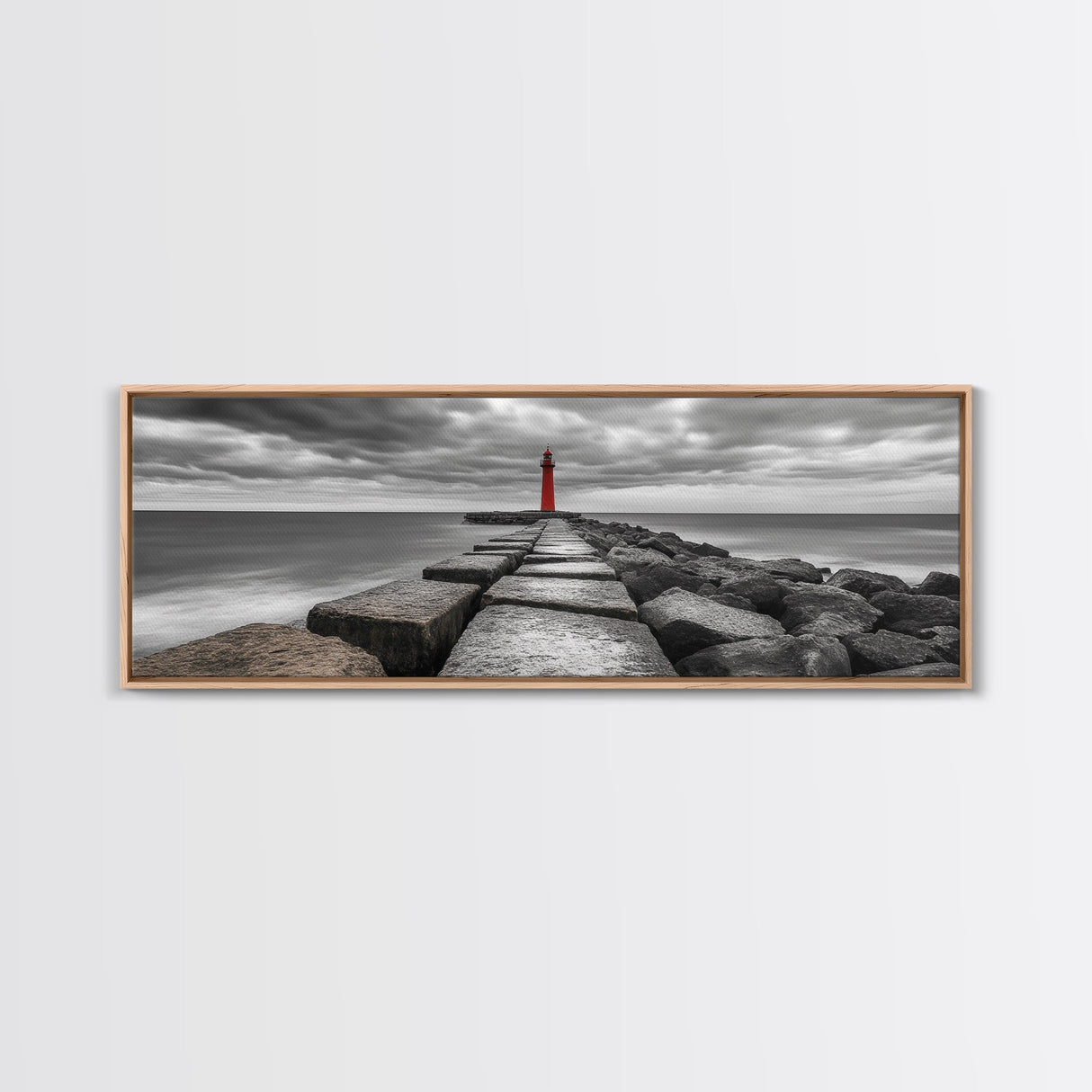 Red Lighthouse Coast, Seaside Rock Jetty, Stormy Sky Mood, Nautical Beacon View, Canvas Print, Bathroom Wall Art, Coastal Modern Decor