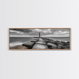 Red Lighthouse Coast, Seaside Rock Jetty, Stormy Sky Mood, Nautical Beacon View, Canvas Print, Bathroom Wall Art, Coastal Modern Decor