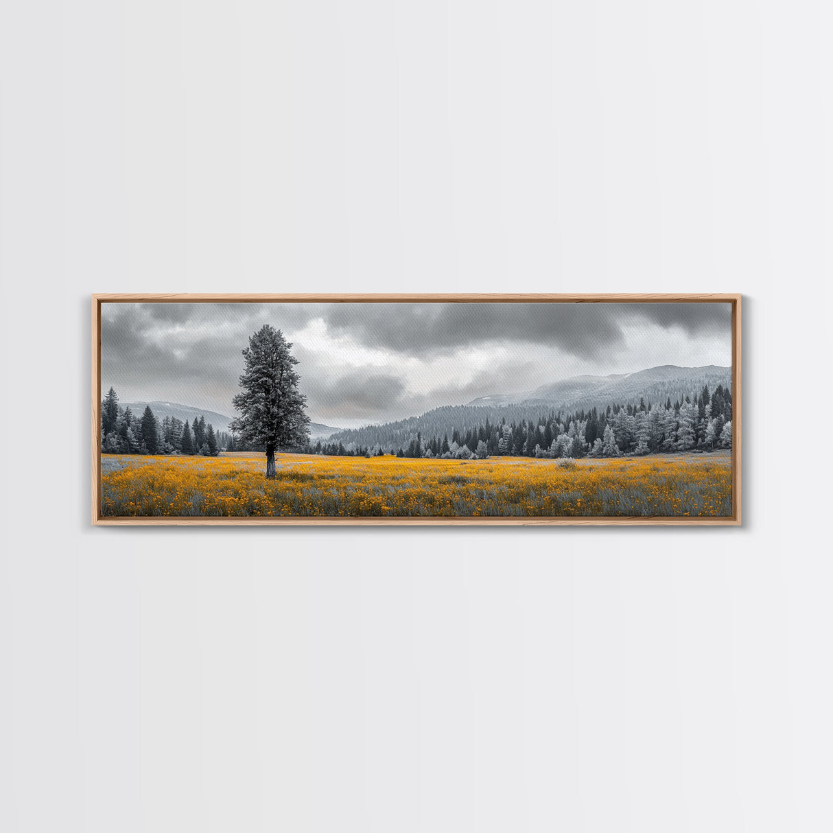 Lone Tree, Yellow Meadow, Autumn Landscape, Moody Forest, Framed Canvas Print, Nature Photography, Cabin Wall Art, Fall Home Decor