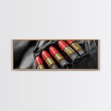 Red Ammo, Tactical Gear, Military Closeup, Rustic Warrior, Framed Canvas Print, Masculine Wall Art, Man Cave Wall Decor