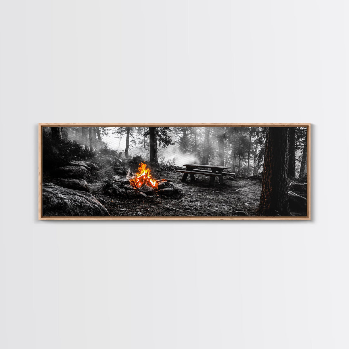 Forest Firepit, Picnic Spot, Smoky Trees, Nature Flame, Canvas Print, Fall Wall Art, Camping Cabin Decor, Rustic Outdoor Style