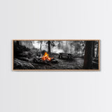 Forest Firepit, Picnic Spot, Smoky Trees, Nature Flame, Canvas Print, Fall Wall Art, Camping Cabin Decor, Rustic Outdoor Style