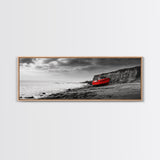 Red Boat, Rocky Shore, Dramatic Sky, Abandoned Vessel, Framed Canvas Print, Nautical Living Room Art, Moody Coastal Home Decor