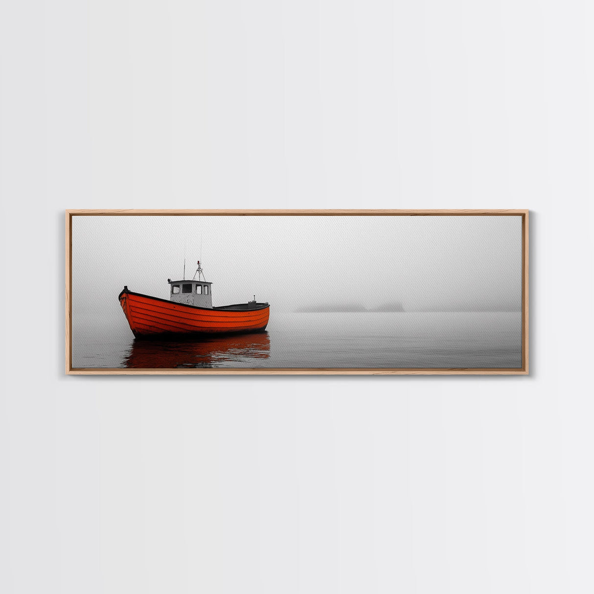 Orange Boat, Ocean Mist, Foggy Seascape, Calm Waters, Framed Canvas Print, Minimalist Nautical Art, Peaceful Wall Decor for Bedroom