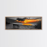 Sunset Beach Bench, Serene Coastal Scene, Solitude View, Framed Canvas Print, Minimalist Wall Art, Living Room, Relaxing Home Decor