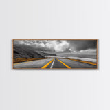 Coastal Highway Drive, Scenic Ocean Road, Stormy Sky Vibes, Framed Canvas Print, Modern Wall Art, Office Decor, Monochrome Landscape