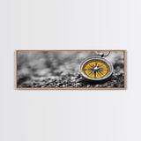 Golden Compass Closeup, Adventure Exploration Theme, Vintage Nautical Design, Framed Canvas Print, Office Wall Art, Travel Lover Gift