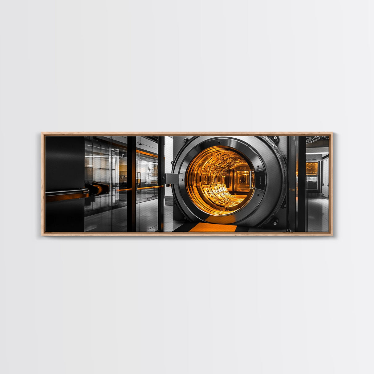 Bank Vault, Futuristic Glow, Industrial Design, Gold Tones, Framed Canvas Print, Office Wall Art, Cyberpunk Decor, Grunge Decor