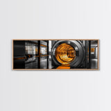 Bank Vault, Futuristic Glow, Industrial Design, Gold Tones, Framed Canvas Print, Office Wall Art, Cyberpunk Decor, Grunge Decor