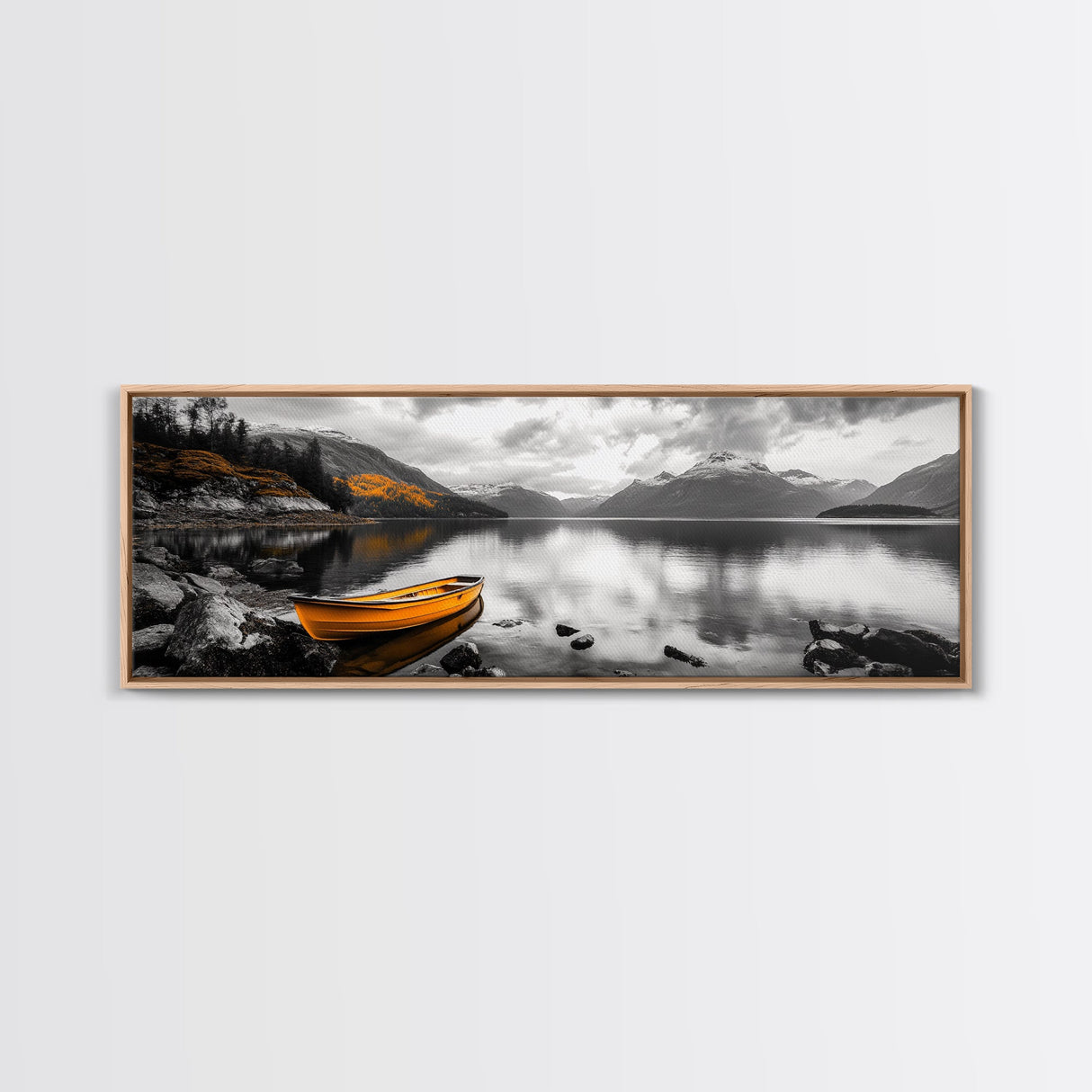 Golden Rowboat Reflections, Lake Mountain Art, Scenic Boat Landscape, Framed Canvas Print, Coastal Wall Art, Fall Living Room Decor