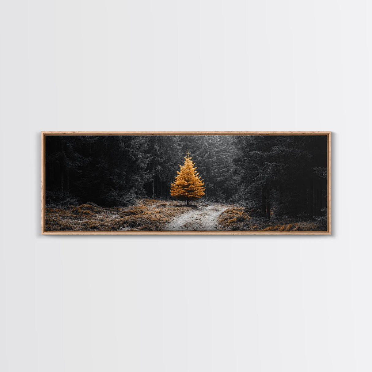 Lone Golden Tree, Forest Path Landscape, Moody Nature Wall Art, Framed Canvas Print, Minimalist Fall Decor, Entryway Accent Piece