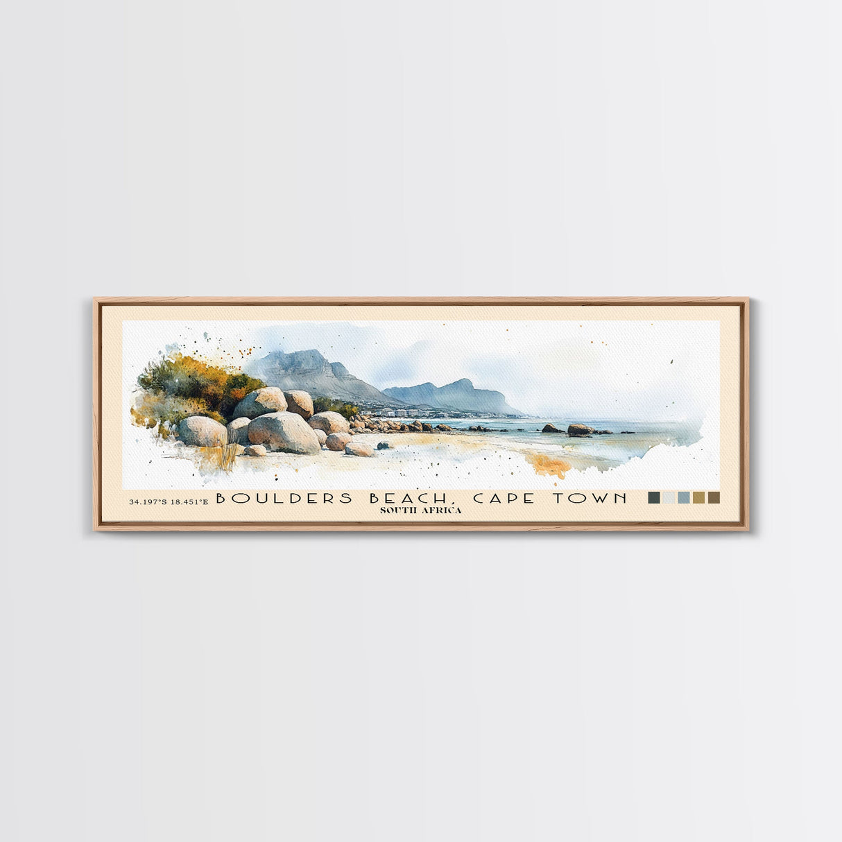 Boulders Beach, Cape Town, South Africa Watercolor Print, Vacation Gift, South Africa Wall Art, Beach Painting, Beach Decor, Large Wall Art, Wood Frame Art