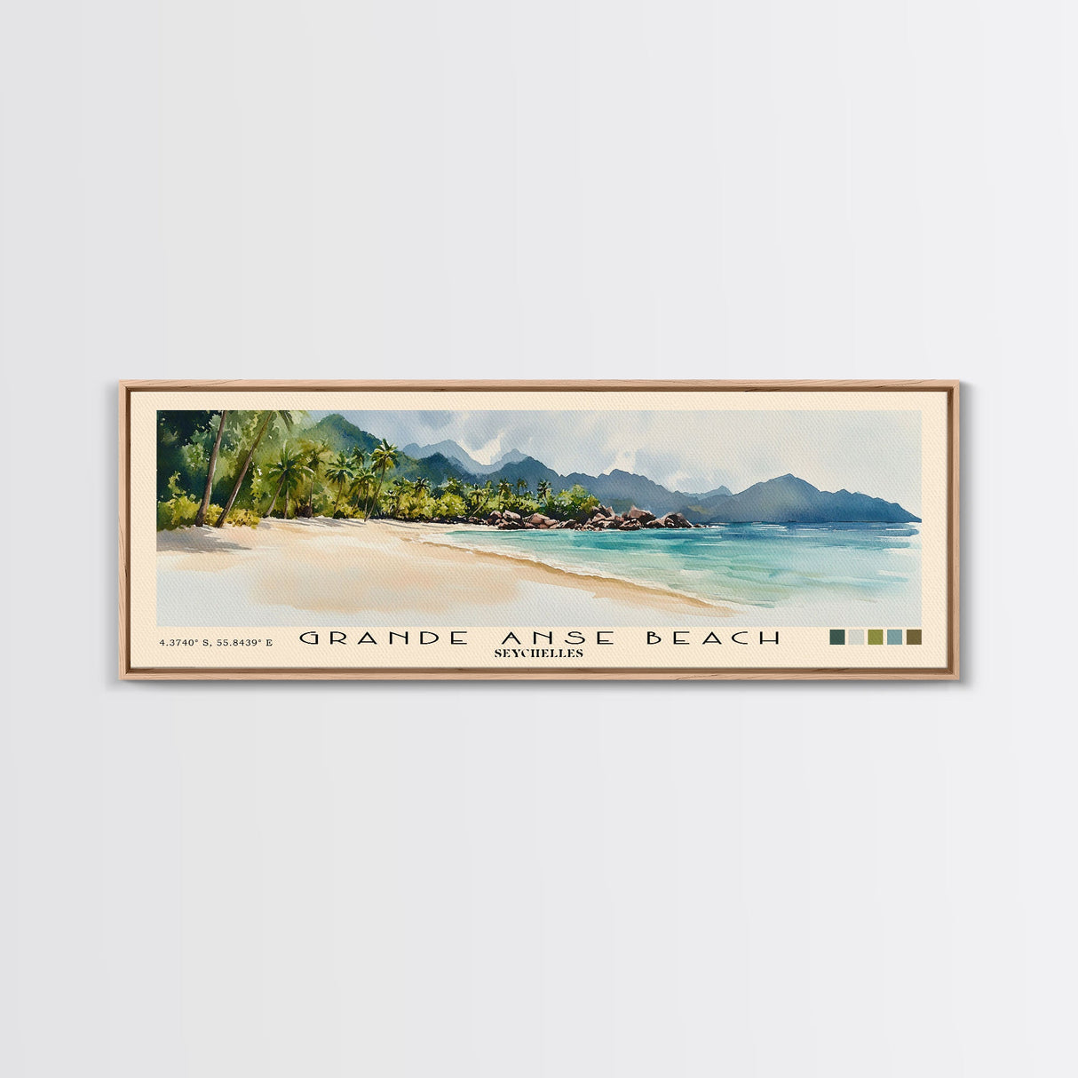Grande Anse Beach, Seychelles Watercolor Print, Vacation Gift, Seychelles Wall Art, Beach Painting, Beach Decor, Large Wall Art, Wood Frame Art