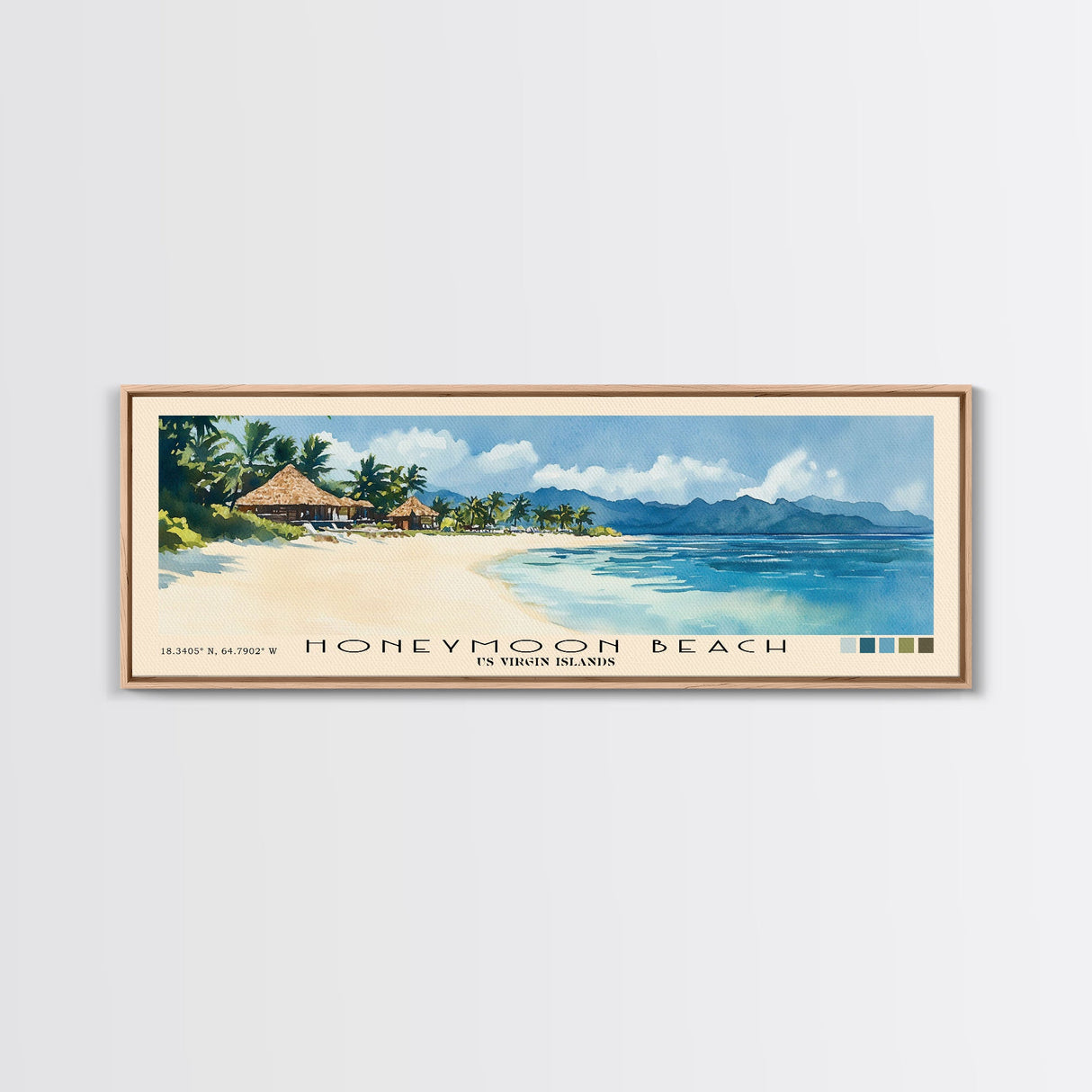 Honeymoon Beach, Fiji Watercolor Print, Vacation Gift, Fiji Wall Art, Beach Painting, Beach Decor, Large Wall Art, Wood Frame Art