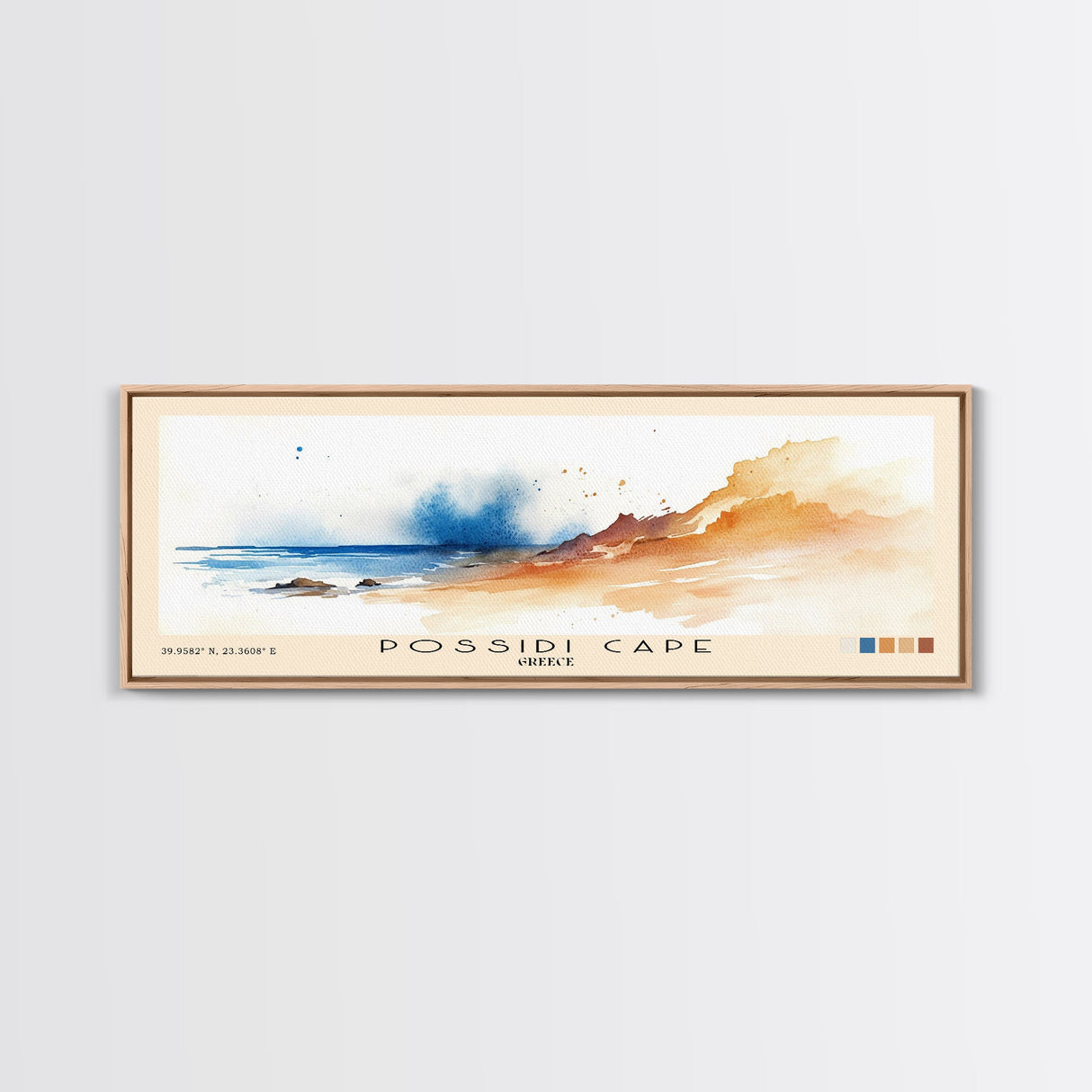 Possidi Cape, Greece Watercolor Beach Print, Vacation Gift, Greece Wall Art, Framed Canvas Print, Framed Beach Painting