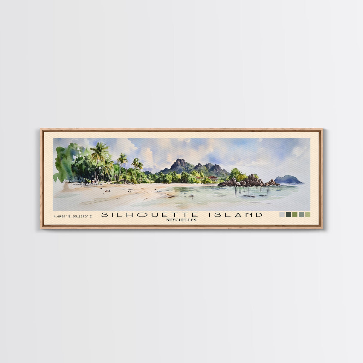 Silhouette Island, Seychelles Watercolor Print, Vacation Gift, Seychelles Wall Art, Beach Painting, Beach Decor, Large Wall Art, Wood Frame Art