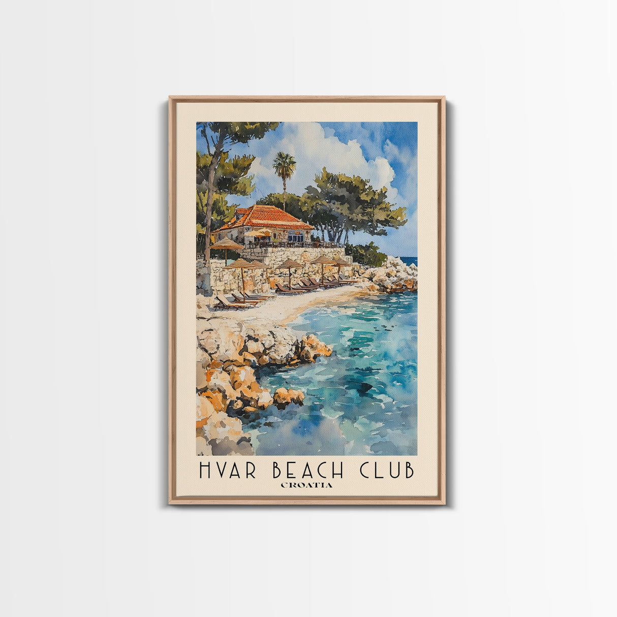 Hvar Beach Club, Croatia Watercolor Print, Vacation Gift, Croatia Wall Art, Beach Painting, Beach Decor, Large Wall Art, Wood Frame Art