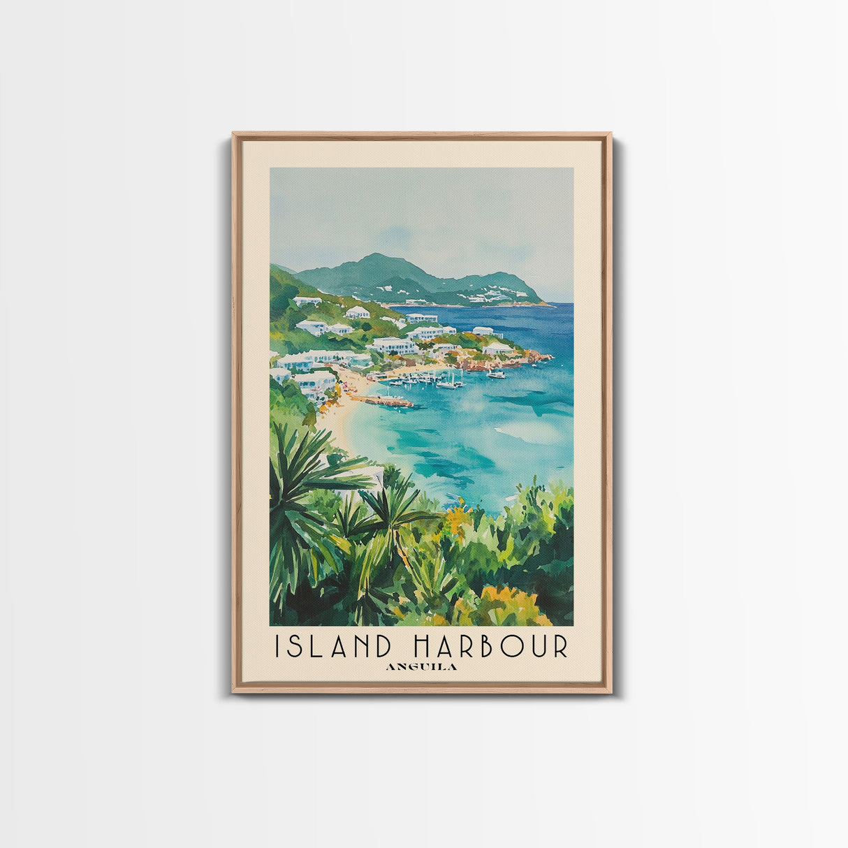 Island Harbour, Anguila Watercolor Print, Vacation Gift, Anguila Wall Art, Beach Painting, Beach Decor, Large Wall Art, Wood Frame Art