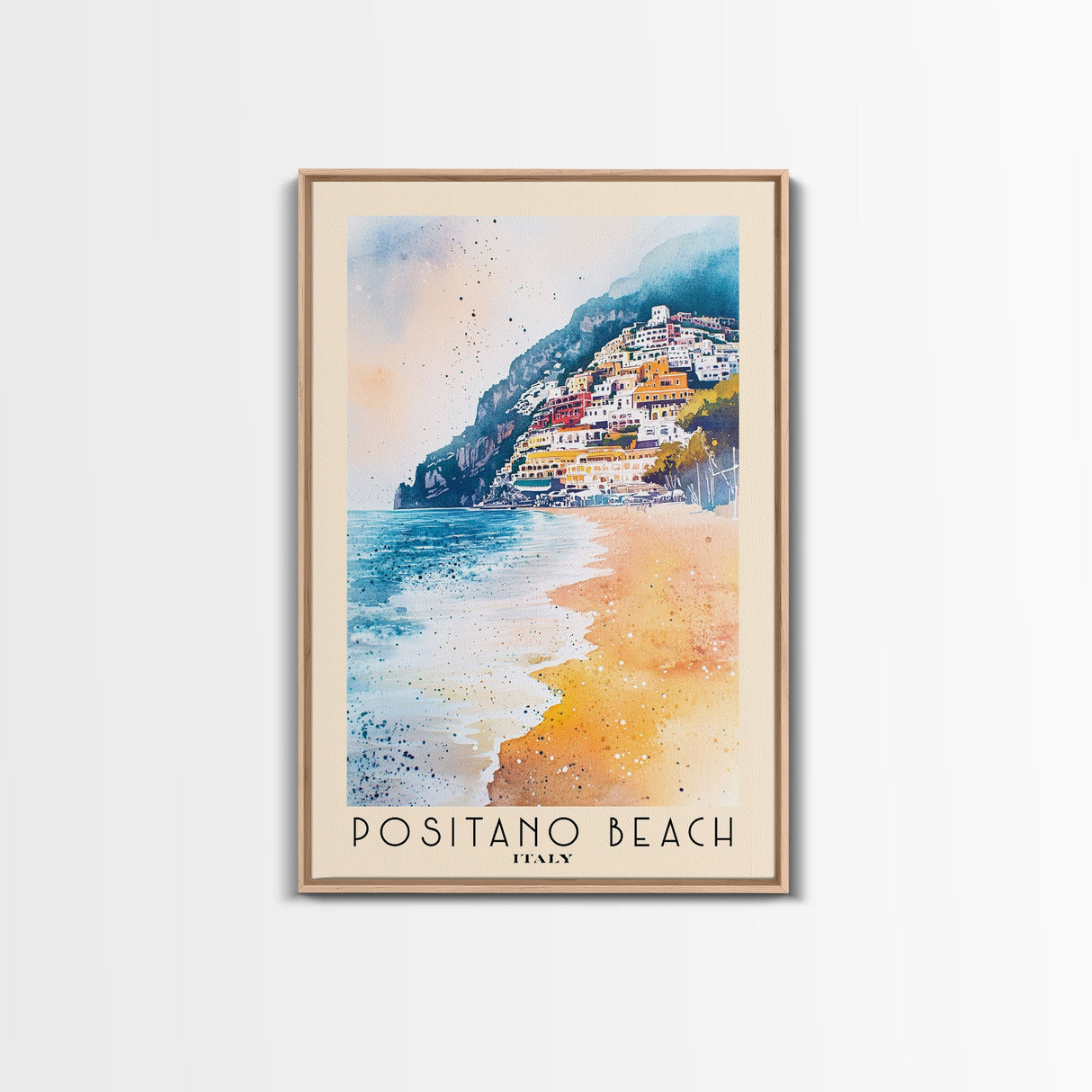 Positano Beach, Italy Watercolor Print, Vacation Gift, Italy Wall Art, Beach Painting, Beach Decor, Large Wall Art, Wood Frame Art