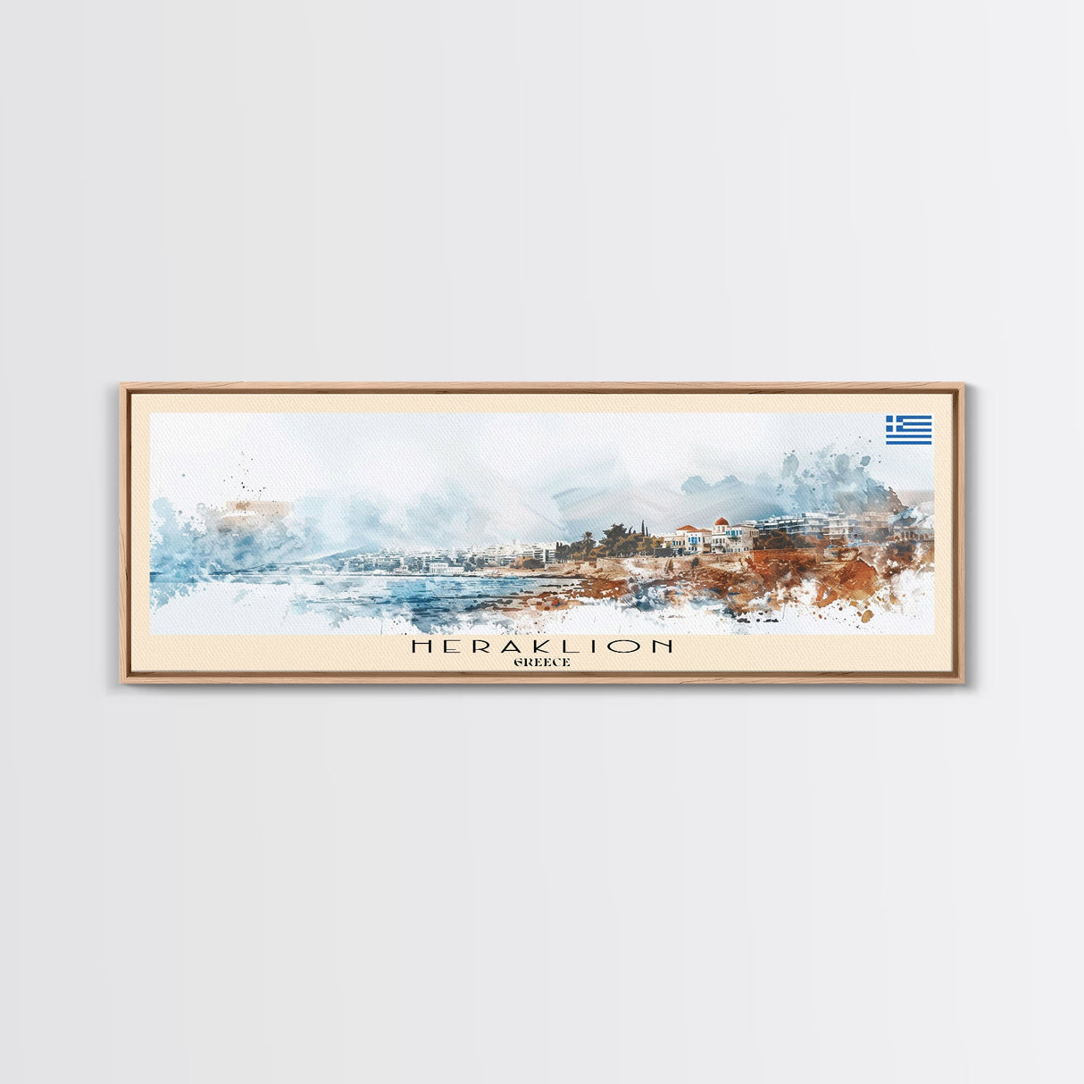 Heraklion Greece Panoramic Travel Poster, Framed Canvas Print or Metal Wall Art, Travel Art, Home Decor, Panoramic Painting, Midcentury Art