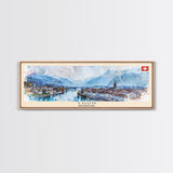 Thun Switzerland Panoramic Travel Poster, Framed Canvas Print or Metal Wall Art, Travel Art, Home Decor, Panoramic Painting, Midcentury Art