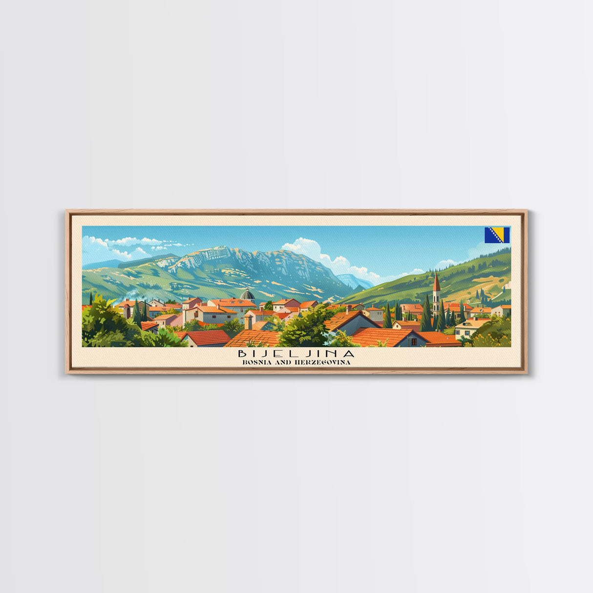 Bijeljina Bosnia Panoramic Travel Poster, Framed Canvas Print or Metal Wall Art, Travel Art, Home Decor, Panoramic Painting, Midcentury Art
