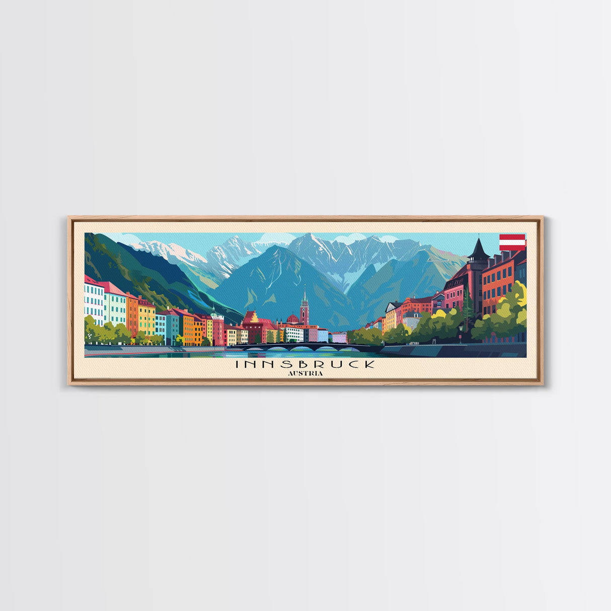 Innsbruck Austria Panoramic Travel Poster, Framed Canvas Print or Metal Wall Art, Travel Art, Home Decor, Panoramic Painting, Midcentury Art