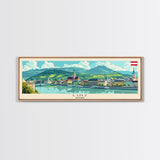 Linz Austria Panoramic Travel Poster, Framed Canvas Print or Metal Wall Art, Travel Art, Home Decor, Panoramic Painting, Midcentury Art