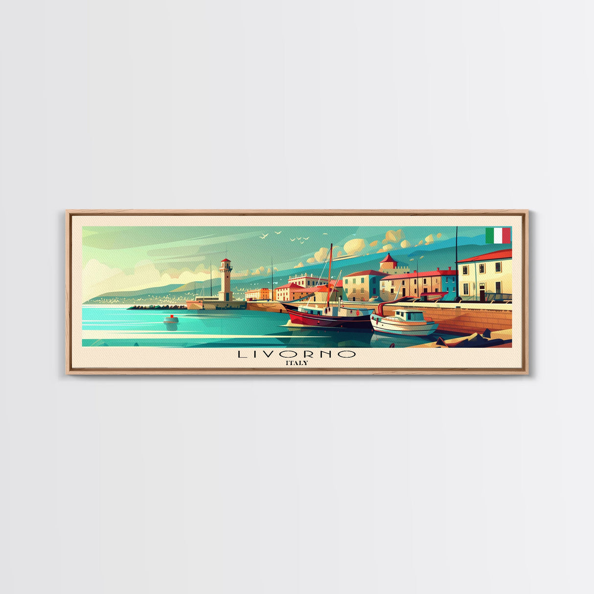 Livorno Italy Panoramic Travel Poster, Framed Canvas Print or Metal Wall Art, Travel Art, Home Decor, Panoramic Painting, Midcentury Art