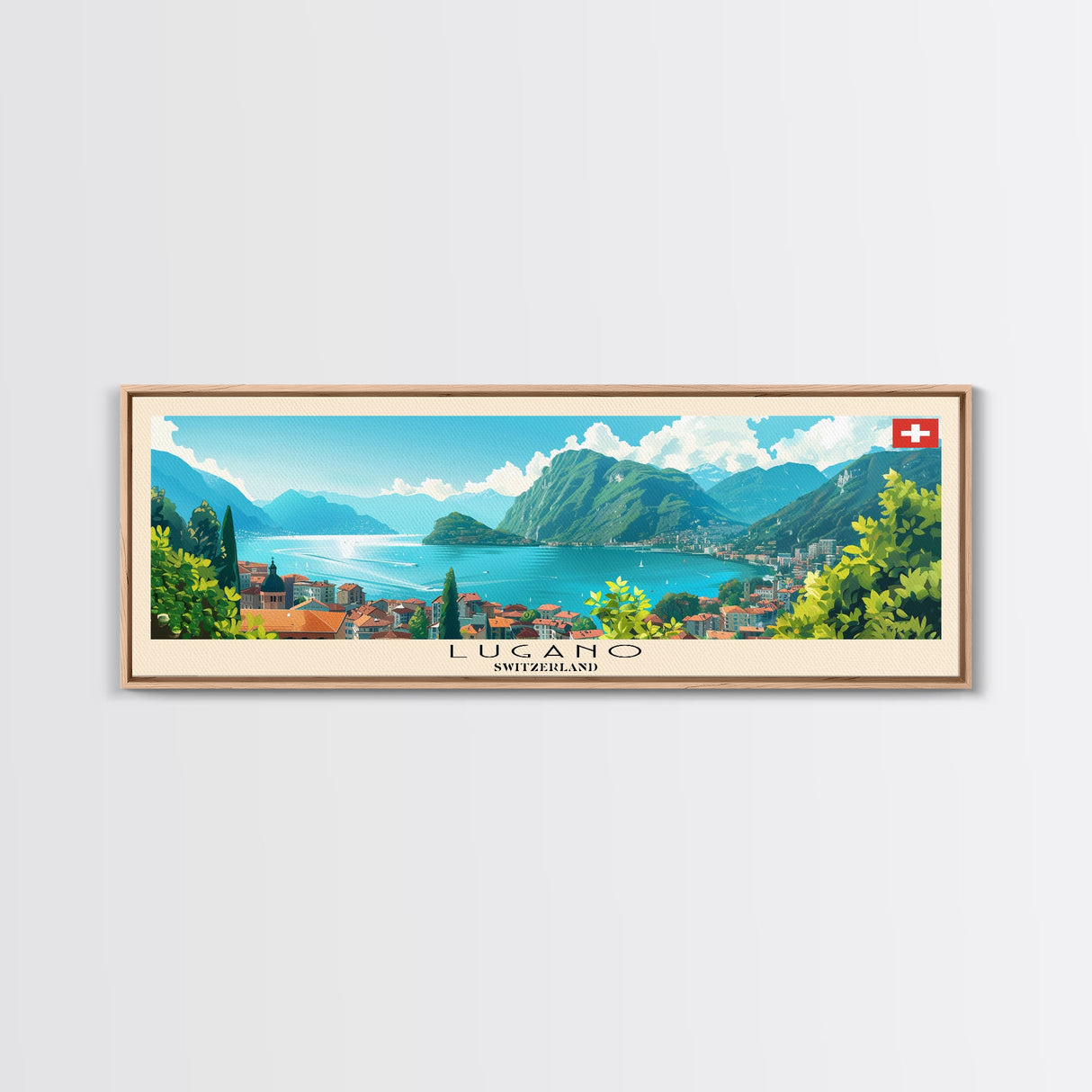 Lugano Switzerland Panoramic Travel Poster, Framed Canvas Print or Metal Wall Art, Travel Art, Home Decor, Panoramic Painting, Midcentury Art