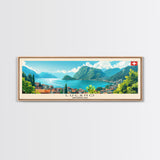 Lugano Switzerland Panoramic Travel Poster, Framed Canvas Print or Metal Wall Art, Travel Art, Home Decor, Panoramic Painting, Midcentury Art