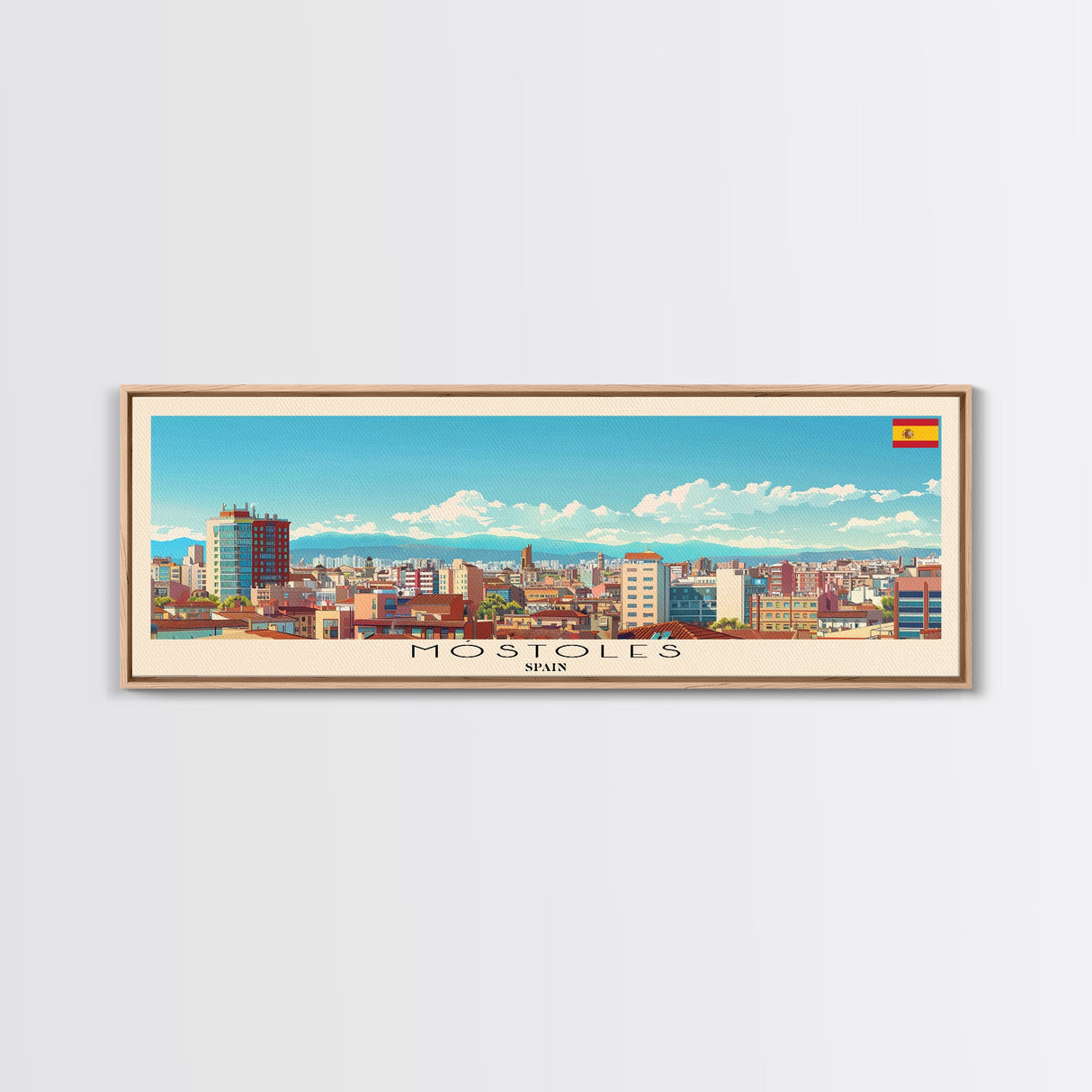 Mostoles Spain Panoramic Travel Poster, Framed Canvas Print or Metal Wall Art, Travel Art, Home Decor, Panoramic Painting, Midcentury Art