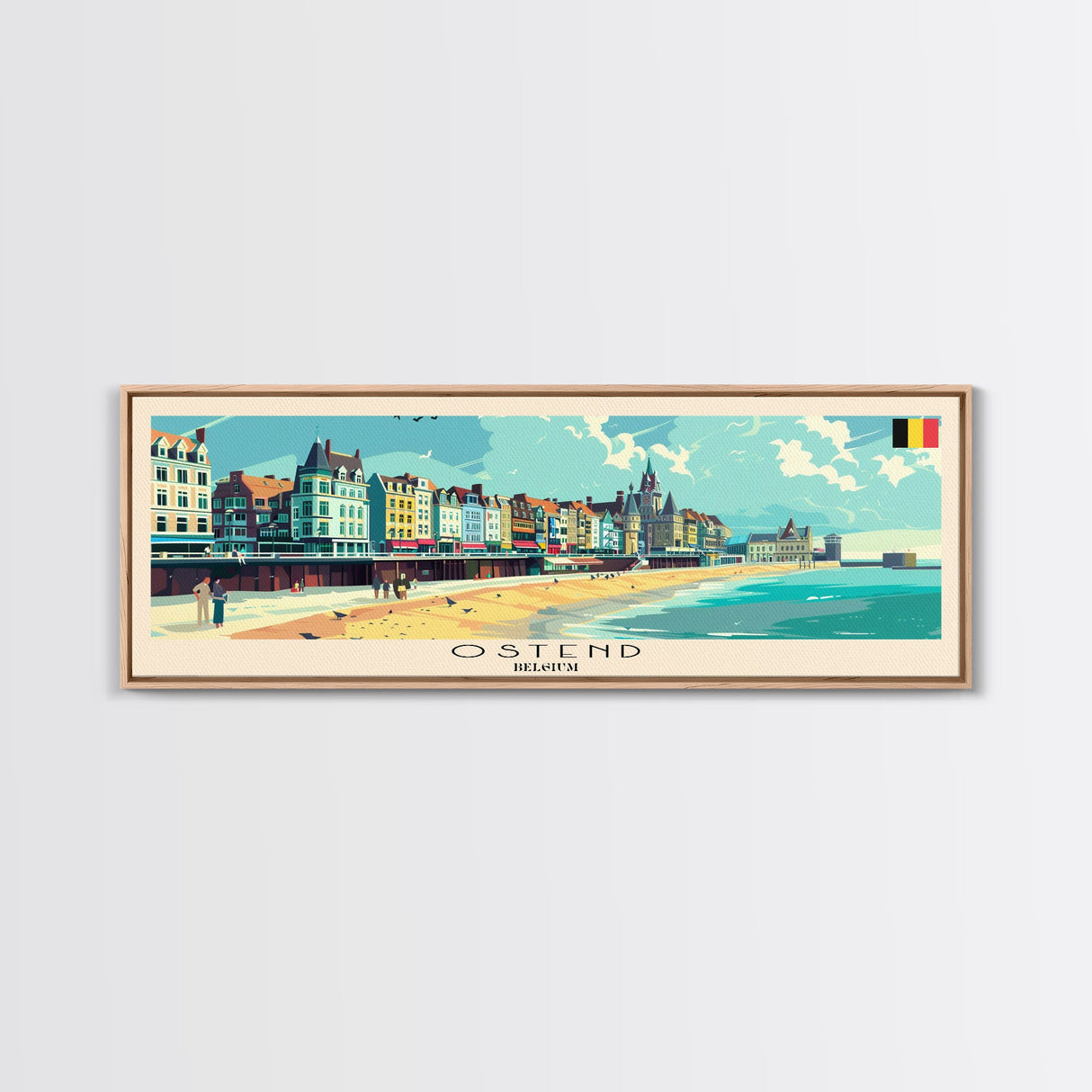 Ostend Belgium Panoramic Travel Poster, Framed Canvas Print or Metal Wall Art, Travel Art, Home Decor, Panoramic Painting, Midcentury Art