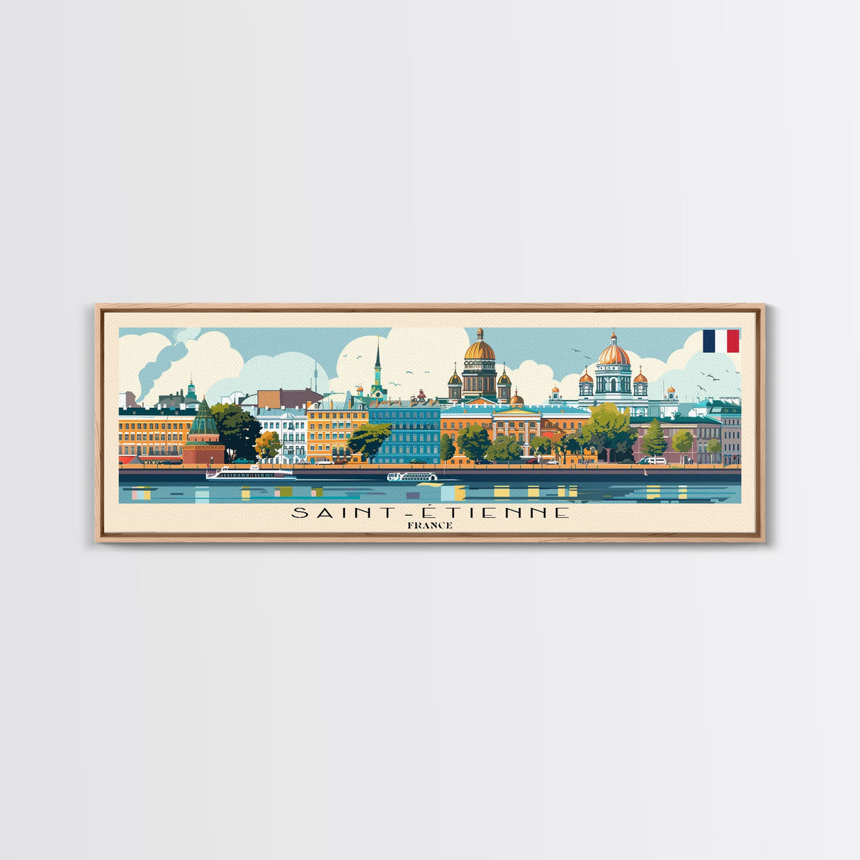 Saint Etienne France Panoramic Travel Poster, Framed Canvas Print or Metal Wall Art, Travel Art, Home Decor, Panoramic Painting, Midcentury Art