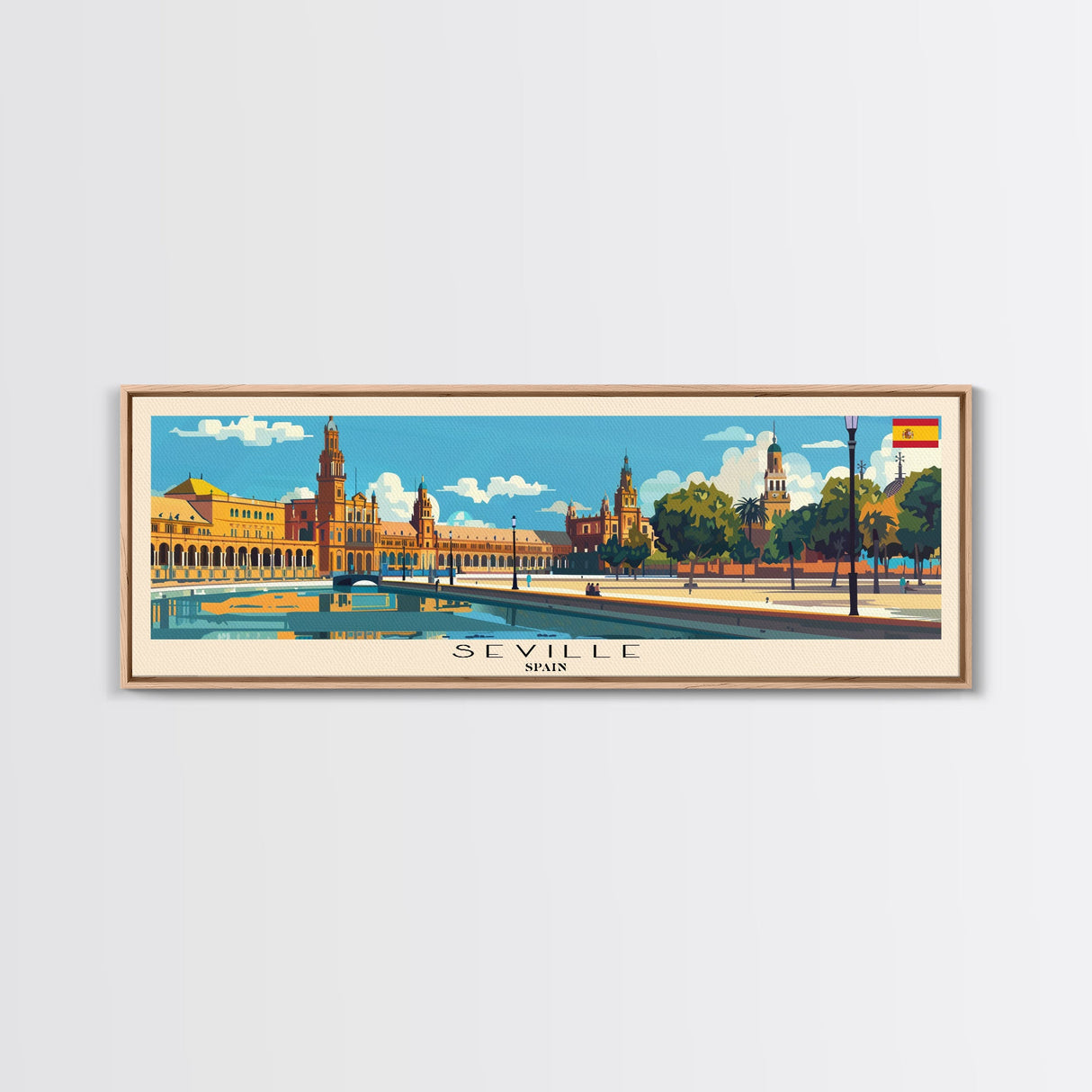 Seville Spain Panoramic Travel Poster, Framed Canvas Print or Metal Wall Art, Travel Art, Home Decor, Panoramic Painting, Midcentury Art