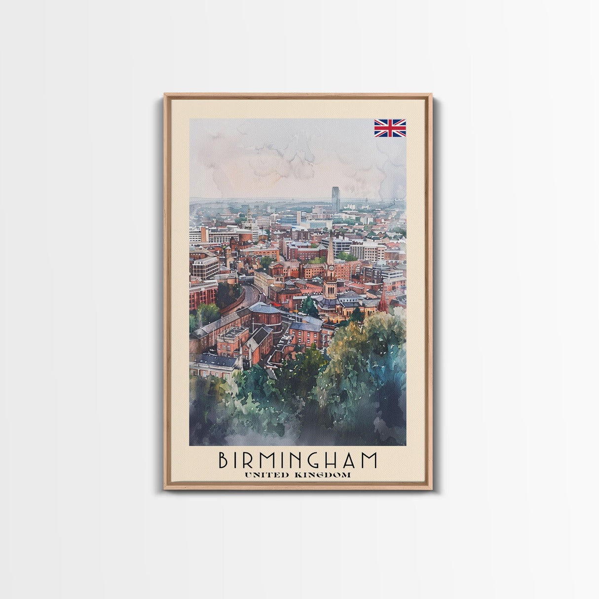 Birmingham United Kingdom Travel Poster Framed Canvas Print, Watercolor Art, Home Decor, Wall Art, Travel Print, Cityscape Art