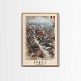 Brăila Romania Travel Poster Framed Canvas Print, Cityscape Art, Wall Decor, Travel Print, Watercolor Painting, Rustic Scene Art