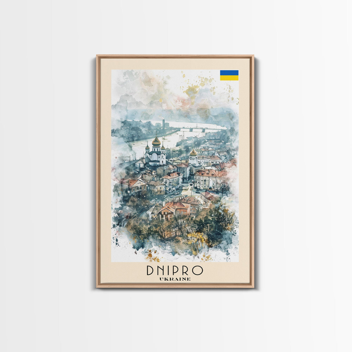 Dnipro Ukraine Urban Landscape Framed Canvas Print, Watercolor Travel Poster, Eastern European Wall Art, Elegant Home Decor, Retro Cityscape Art, Living Room Accent