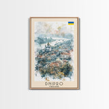Dnipro Ukraine Urban Landscape Framed Canvas Print, Watercolor Travel Poster, Eastern European Wall Art, Elegant Home Decor, Retro Cityscape Art, Living Room Accent