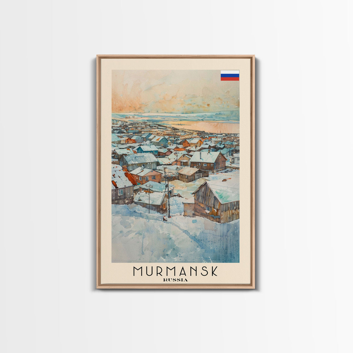 Murmansk Russia Travel Poster Framed Canvas Print, Coastal Cityscape, Watercolor Painting, Wall Art, Home Decoration, Travel Print, Unique Gift