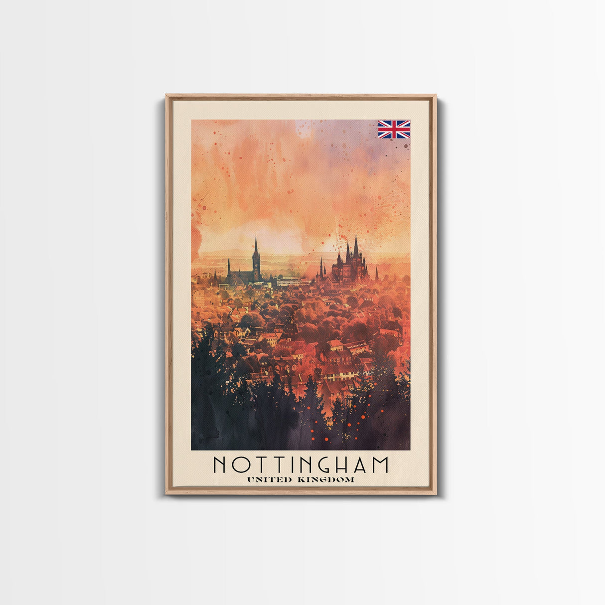 Nottingham United Kingdom Travel Poster Framed Canvas Print, Watercolor Painting, Scenic Wall Art, Home Decor, British Cityscape, Modern Art