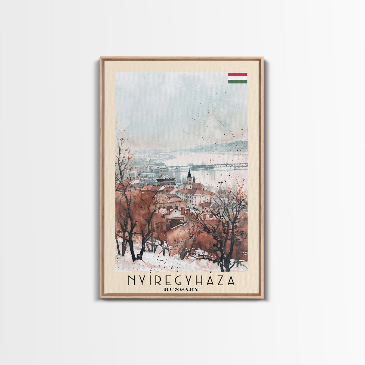 Nyiregyhaza Hungary Travel Poster Framed Canvas Print, Watercolor Painting, Scenic Wall Art, Home Decor, Hungarian Landscape, Rustic Art