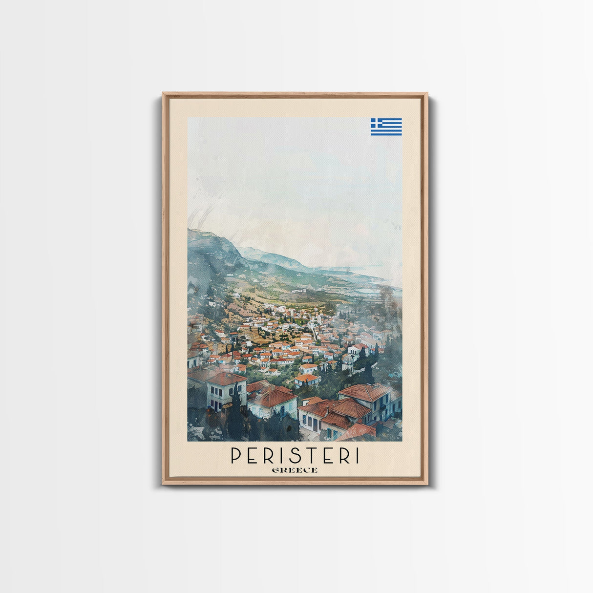 Peristeri Greece Travel Poster Framed Canvas Print, Watercolor Painting, Scenic Wall Art, Home Decor, Greek Landscape, Classic Art