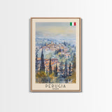 Perugia Italy Travel Poster Framed Canvas Print, Watercolor Painting, Scenic Wall Art, Home Decor, Italian Cityscape, Classic Art