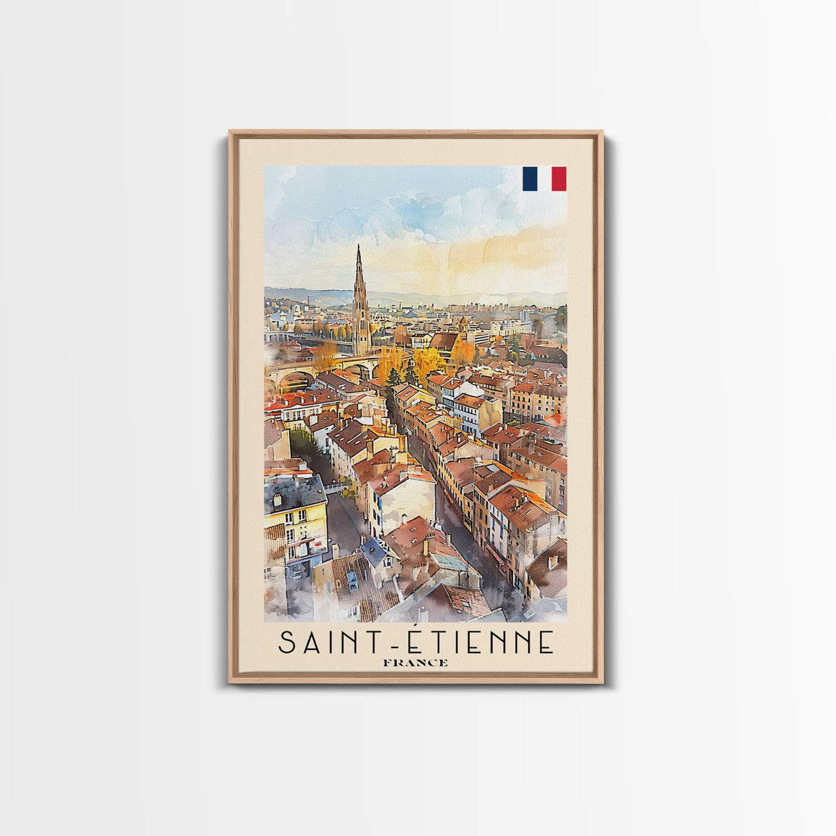 Saint Etienne France Travel Poster Framed Canvas Print, Watercolor Painting, Scenic Wall Art, Home Decor, French Cityscape, Classic Art