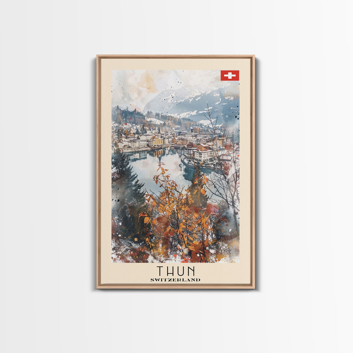 Thun Switzerland Travel Poster Framed Canvas Print, Watercolor Painting, Scenic Wall Art, Home Decor, Swiss Landscape, Alpine Art