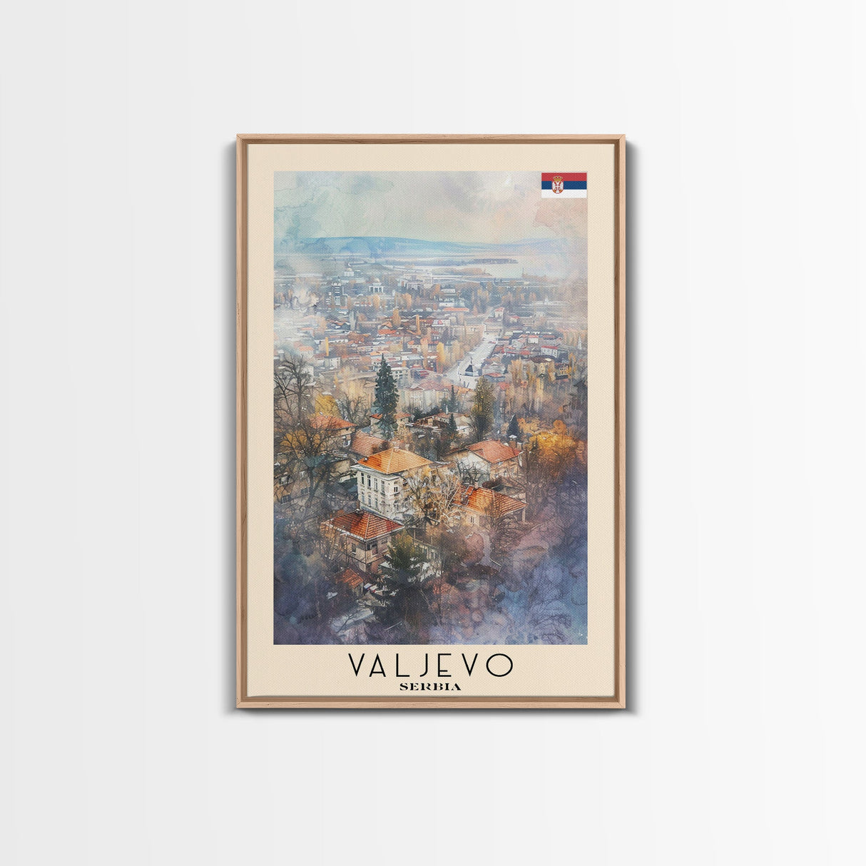Valjevo Serbia Travel Poster Framed Canvas Print, Watercolor Painting, Scenic Wall Art, Home Decor, Serbian Landscape, Unique Art