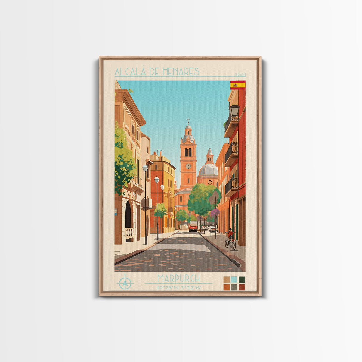 Alcalá de Henares Spain Travel Poster Framed Canvas Print, Midcentury Modern Art, Pop Art Decor, Wall Art, Vacation Gift, Living Room Decoration, Scenic Print