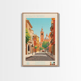 Alcalá de Henares Spain Travel Poster Framed Canvas Print, Midcentury Modern Art, Pop Art Decor, Wall Art, Vacation Gift, Living Room Decoration, Scenic Print